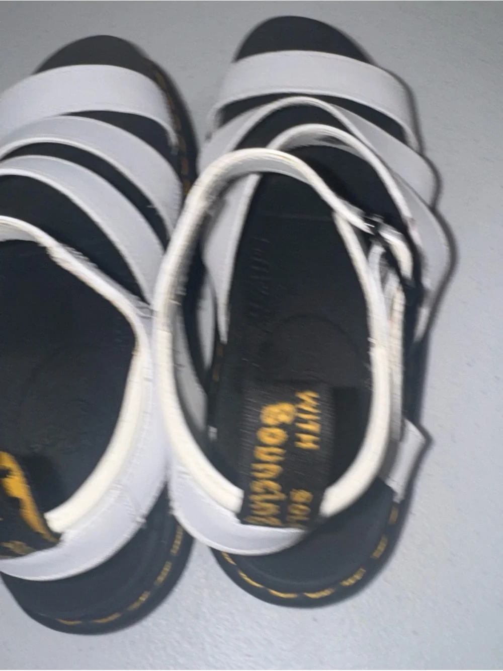 Dr. Martens White Platform Sandals with Yellow Stitching